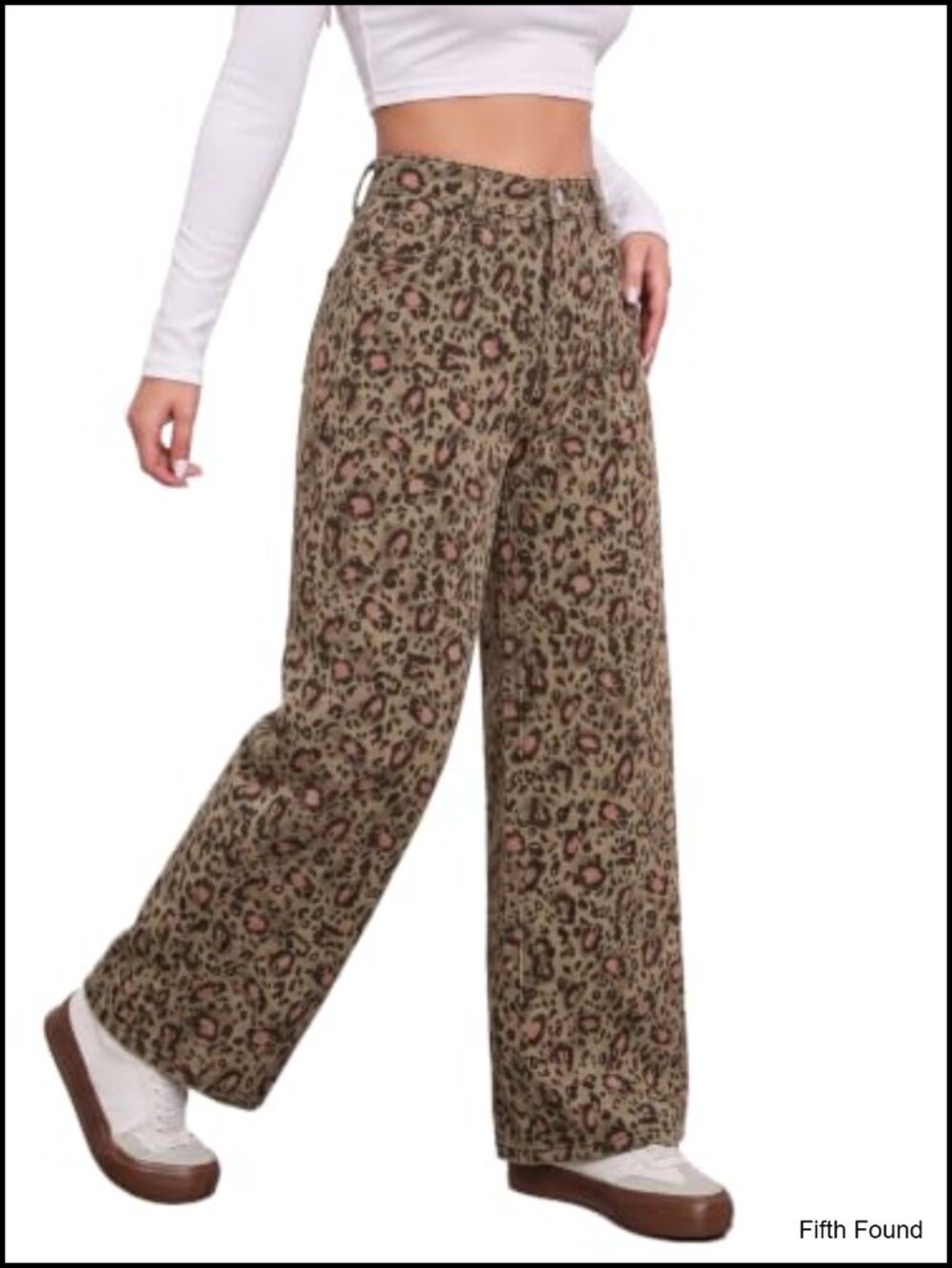 High Waisted Wide Leg Leopard Print Denim Jeans